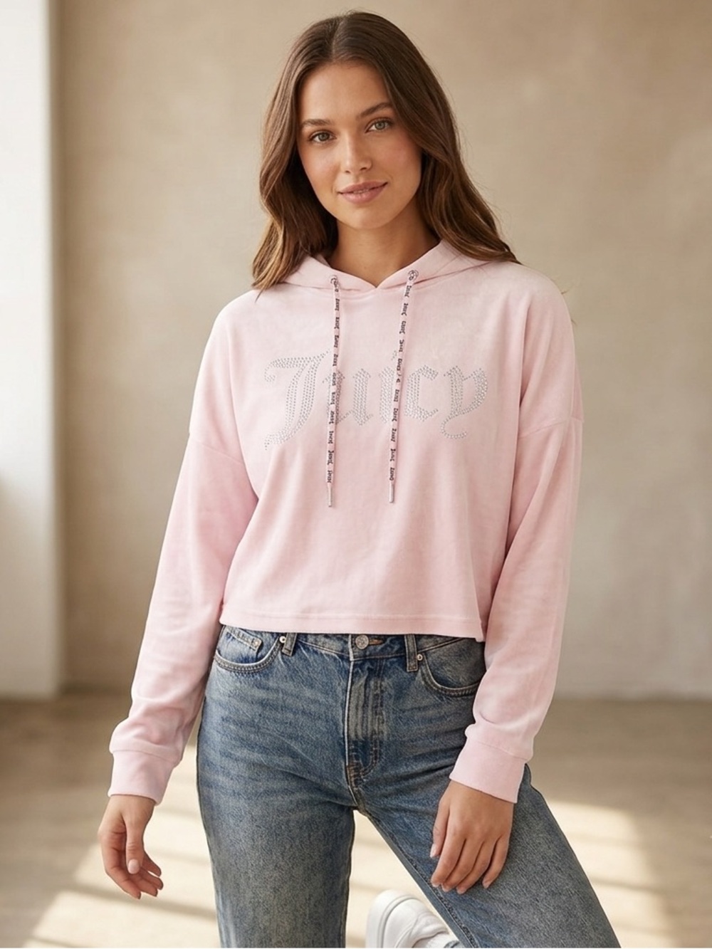 Juicy Couture Light Pink Velour Hoodie with Rhinestone Logo, Size small